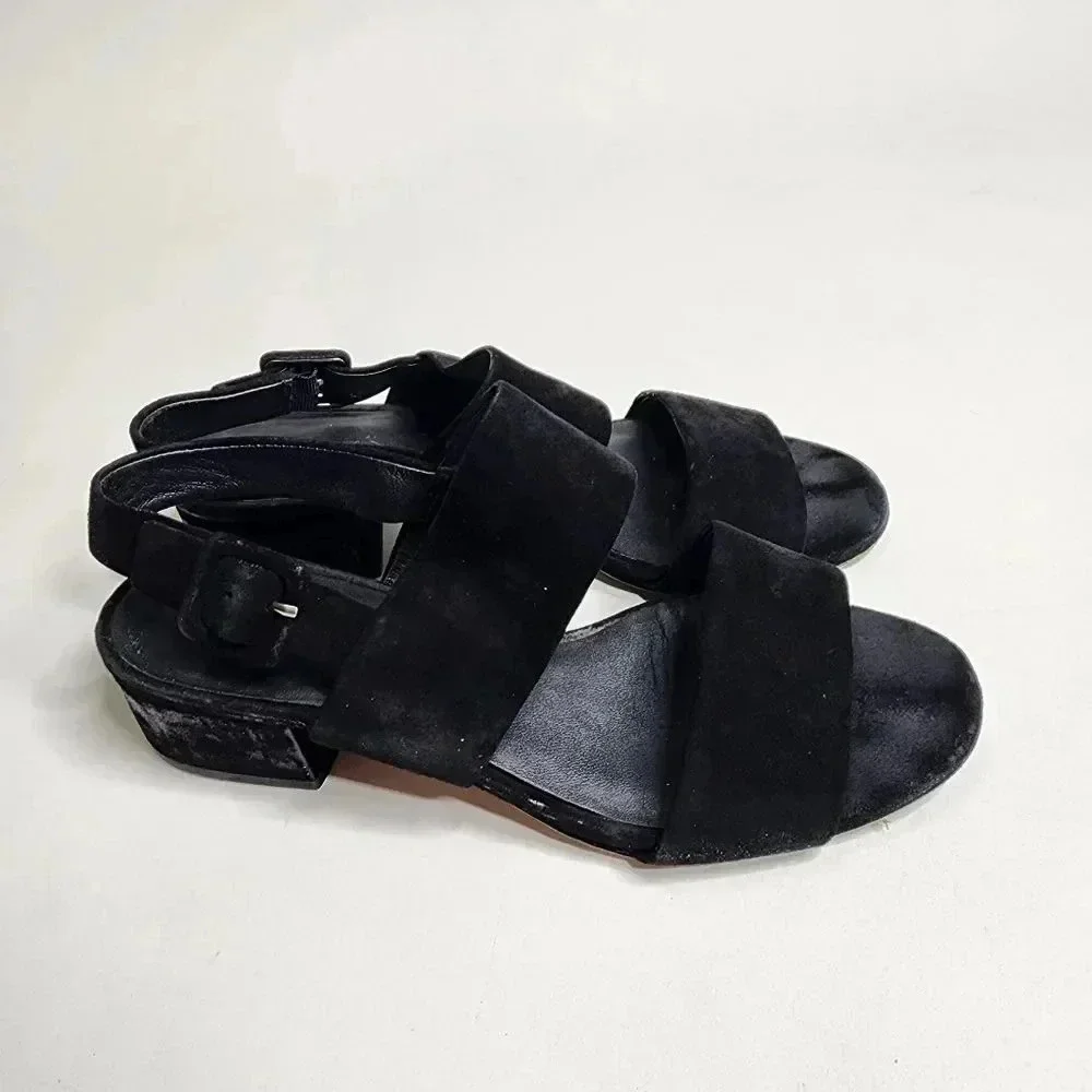 VINCE RENA Sandals Black Suede Block Heel Leather Strappy Size 7‎ Shoes